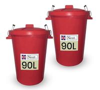 Neat. 90L Coloured Large Plastic Bins, Heavy Duty Kitchen Bin with Metal Handle Dustbin with Lid For Easy Refusal, Garden Bin Indoor Outdoor Rubbish Waste or Storage of Animal Feed, Red-2Pack
