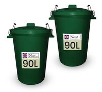 Neat. 90L Large Heavy Duty Plastic Bin With Metal Handle and Lid for Kitchen, Garden Storage, Indoor Outdoor Waste, Animal Feed - Dark Green 2-Pack