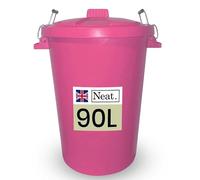 Neat. 90L Large Plastic Bin With Metal Handle and Lid for Easy Refusal, Heavy Duty Kitchen Dustbin for Indoor Outdoor Waste Storage or Animal Feed, Pink-1Pack