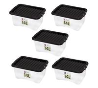 Neat. Plastics 14L Storage Box, Clear Base, Black Lid - Organise Easily with Plastic Storage Box with Lid, Ideal Clear Boxes for Storage, Durable Plastic Boxes with Lids Storage, Pack of 5