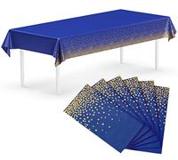 Neatiffy 54 in x 108 Inch 6Pack Rectangle Plastic Table Cloth | Waterproof Disposable/Reusable Tablecloth | Table Cover for Picnic, Party, Banquet, Birthdays (Blue Gold Dot)