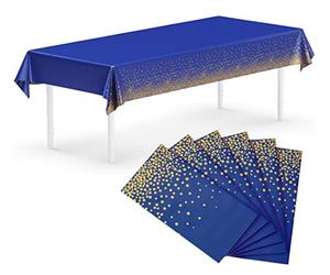 Neatiffy 54 in x 108 Inch 6Pack Rectangle Plastic Table Cloth | Waterproof Disposable/Reusable Tablecloth | Table Cover for Picnic, Party, Banquet, Birthdays (Blue Gold Dot)