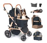 Neatki 3-in-1 Deluxe Pet Stroller, Multifunctional Pet Carrier for Cats and Dogs with Cup Holder, Accessory Pouch, Brake System, Detachable Cushion, and Seatbelt Strap (Black/Gold)