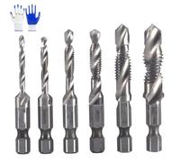 Neattidyly 3 In 1 Spiral Tap Hex Shank Drill Bit Set, M3/M4/M5/M6/M8/M10 Drill Bits High Speed Steel, Metric Combination Threading Tools Kit, Professional Repair (Silver long style)