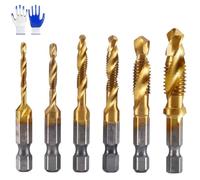 Neattidyly 3 In 1 Spiral Tap Hex Shank Drill Bit Set, M3/M4/M5/M6/M8/M10 Drill Bits High Speed Steel, Metric Combination Threading Tools Kit, Professional Repair (Gold long style)