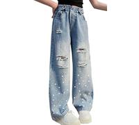 NEAWEALY Girls Baggy Jeans Kids Y2K Streetwear Wide Leg Jeans High Elastic Waist Sequins Trousers 13-14 Years