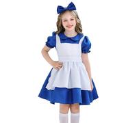 NEAWEALY Girls Blue Princess Dress with Waist Apron and Headband Kids Maid Costume Cosplay Outfit Navy Blue 7-8Y