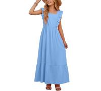 NEAWEALY Girls Dress Kids Summer Square Neck Ruffled Sleeve A-Line Solid Color Casual Dresses 8-9 Years Blue