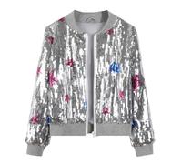 NEAWEALY Girls Sequin Jacket Kids Casual Bomber Jacket Zip Up Coats Jazz Dance Tops Grey 8-9 Years