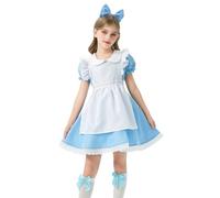 NEAWEALY Kids Maid Costume Cosplay Set Girls Princess Dress White Apron and Bow Headband Azure 4-5Y