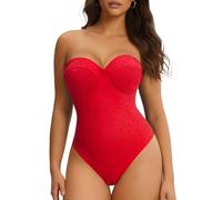Nebility Strapless Shapewear Bodysuit for Women - Thong Body Suits Tummy Control Body Shaper Underwire Lace Corset Tube Top, Red, S