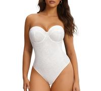 Nebility Strapless Shapewear Bodysuit for Women - Thong Body Suits Tummy Control Body Shaper Underwire Lace Corset Tube Top, White, Large