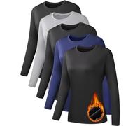 NebuKinex 5 Pack Long Sleeve Thermal Shirts for Women Ultra Soft Fleece-Lined Crew Neck Workout Baselayer Tops, 3black+Grey+Blue, L