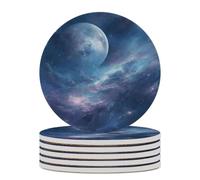 Nebula and Moon Ceramic Coaster Round Drink Coaster with Cork Base Non-Slip Absorbent Cup Mat Suitable for Mug Beer Bar Coffee Table Protection Home Decor 6PCS