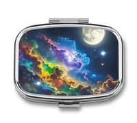 Nebula and Moon Pill Box 2 Compartment Square Metal Pill Organizer Portable Mini Travel Medicine Case with Mirror Cute Medicine Container Holder for Pocket Purse