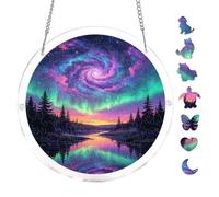 Nebula Aurora Lake Reflection 7.8x7.8Inch Round Acrylic Hanging Puzzle | Creative Home Accent with Visual Appeal