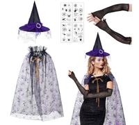 NebulaGlam Halloween Witch Costume Adult Women with Spider Web Witch Cape, Witch Hat, Spider Stickers, Long sleeve gloves for Halloween Costume Women Adults Purple 120cm