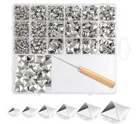 NEBURORA 1170Pcs Square Pyramid Studs 6 Sizes Leather Rivet Kit Silver Metal Four-Pronged Square Studs for Decorating Jackets Shoes Pet Collars Bags