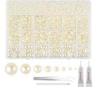 NEBURORA 13000 Pcs Ivory White Flat Back Pearl Kit 8 Sizes with Tweezer and Picker Pencil Beige Half Round Flatback Pearls Beads for DIY Crafts Nails Makeup Clothes