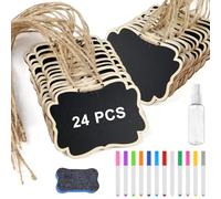 NEBURORA 24 Pcs Mini Erasable Wood Chalkboard Signs with Hanging String Reusable Double-Sided Blackboards for Message Boards Hanging Signs Price Labels Table Numbers Plant Name Tags