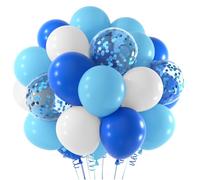 NEBURORA 60 Pcs Royal Blue Light Blue White Confetti Balloons with Ribbons 12inch Balloon Garland Arch Kit for Birthday Baby Shower Celebrations Party Decoration