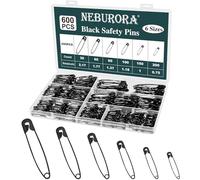 NEBURORA 600 Pcs Black Safety Pin Assorted 6 Different Sizes