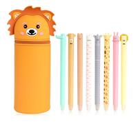 Necdeol Kawaii Pencil Case with 8 Erasable Gel Pens, 2-in-1 Soft Silicone Bag, Pencil Case Zip, Stand Up Pencil Case, Pencil Case Lion for School Home Office Supplies