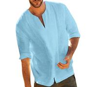 Neck Men's Three Solid V Blouses Cotton Baggy T Blend Color Tops Shirts Quarter Men's Blouse Half Sleeve Shirt Men Light Blue