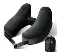 Neck Pillow for Travel Inflatable Airplane Pillow Comfortably Supports Head, Neck and Chin, Inflatable Travel Pillow with Soft Velour Cover and Portable Drawstring Bag (Black)