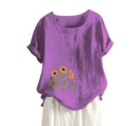 Neck Top for Women Women's Cotton and Linen Loose Fit Casual Sunflower Floral Print Short Sleeve Up Top Ladies V Neck Cotton T Shirts (Purple, XXXXL)