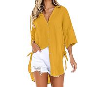 Neck Tops UK 3/4 Sleeve Shirts for Women UK V Neck Cotton Linen Plus Size Blouses Button Down Basic Loose Fit Tunic Tops Casual Lightweight Basic Trendy Plain Tees (Yellow, XL)