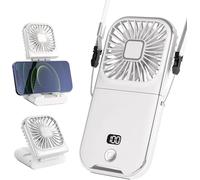 necklace fan rechargeable portable foldable fan, 3000mAh, 4-speed, brushless motor plus 7 bionic seagull wing blades ensured quiet personal fan 3 in 1 phone holder, digital display fan/white
