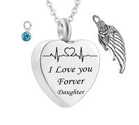 Necklace for Ashes, Small Birthstone Necklace with Heart Electrocardiogram Necklace for Women and Men