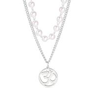 Necklace For Women- Aum Om Ohm Sanskrit Symbol Round Pendant Beaded Double Layer Chain Charm Necklace,Hinduism Yoga Sanskrit Personalized Amulet Dainty Pendant Necklace Jewelry (pearl chain - silver)