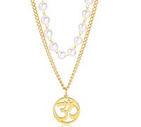 Necklace For Women- Aum Om Ohm Sanskrit Symbol Round Pendant Beaded Double Layer Chain Charm Necklace,Hinduism Yoga Sanskrit Personalized Amulet Dainty Pendant Necklace Jewelry (pearl chain - gold)