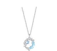 Necklace Of S999 Sterling Silver Star And Moon, Dazzling Blue Gemstone, Refined 17.72 In Chain, Present For Precious People