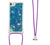 Necklace Phone Case for iPod Touch 5/6/7, Glitter Bling Flowing Liquid Shiny 3D Moving Quicksand Cover With Cord Strap, GS Blue Hearts