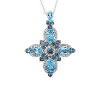 Necklace Sterling Silver Chain, Women Necklace Luxury Cross Blue Teardrop Topaz with White Round CubZirconia Pendant 18 Inch