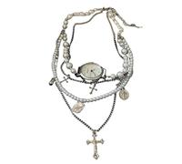 Necklace Sweet Cool Layers Pearls Cross Clock Women Collar Tassels Rhinestones Personalised Designs Vintage Necklace