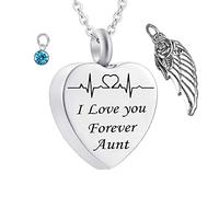 Necklaces for Human Ashes,Heart with Angel Wing Birthstone and ECG Engraving I Love You Forever Aunt Stainless Steel Pendant Urn Necklace Urns