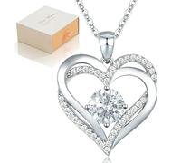 Necklaces for Women Birthstone Pendant,Double Heart Silver Diamond Necklaces, Sterling Silver Love Heart Jewellery Gifts for Women Birthday Gift Anniversary Birthday Graduation gift- Silvery