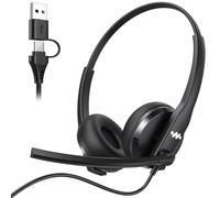 Necode USB Headset with Microphone for PC，Wired Computer Laptop Headset with Noise Cancelling Microphone, Work Headphones with Mic for Home Office Teams Zoom (USB-A&C)-Black