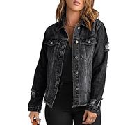 Necooer Black Denim Jacket Women Ripped Fringe Boyfriend Washed Denim Jean Coat Jacket Outwear