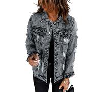 Necooer Gray Denim Jacket Women Ripped Boyfriend Washed Denim Jean Coat Jacket Outwear