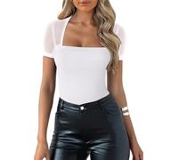 Necooer Ladies Ribbed Lace Shirts Round Neck Classic Tops Basic Solid Summer T-Shirt White Tops(White,S)