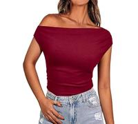 Necooer Ladies Vest with Ribbed Neckline Y2k Tight Fitted Top Sleeveless Vest Strapless Asymmetrical Slim Sexy Burgundy Red One Shoulder Top(XL,Burgundy Red)