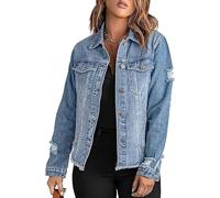 Necooer Light Blue Denim Jacket Women Ripped Fringe Boyfriend Washed Denim Jean Coat Jacket Outwear