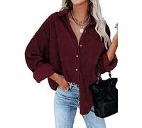 Necooer Women's Long Sleeve Shirts V-Neck Roll Up Pockets Corduroy Shirts Casual Boyfriend Button Down Petite Blouses Red