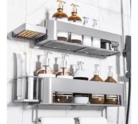 necvha Adhesive Shower Caddy, 4 Pack Shower Shelf No Drilling, 15.15in Large Capacity Bathroom Organiser Storage, Rustproof Bathroom Accessory (Grey)