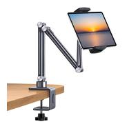 nediea Tablet Stand Holder For Desk, Adjustable Tablet Holder With Clamp Mount, 360° Rotation Aluminum Stand for iPad, Compatible With 4-12.9 Inches Devices, Fit For Desk/Bed/Kitchen/Office (Gray)